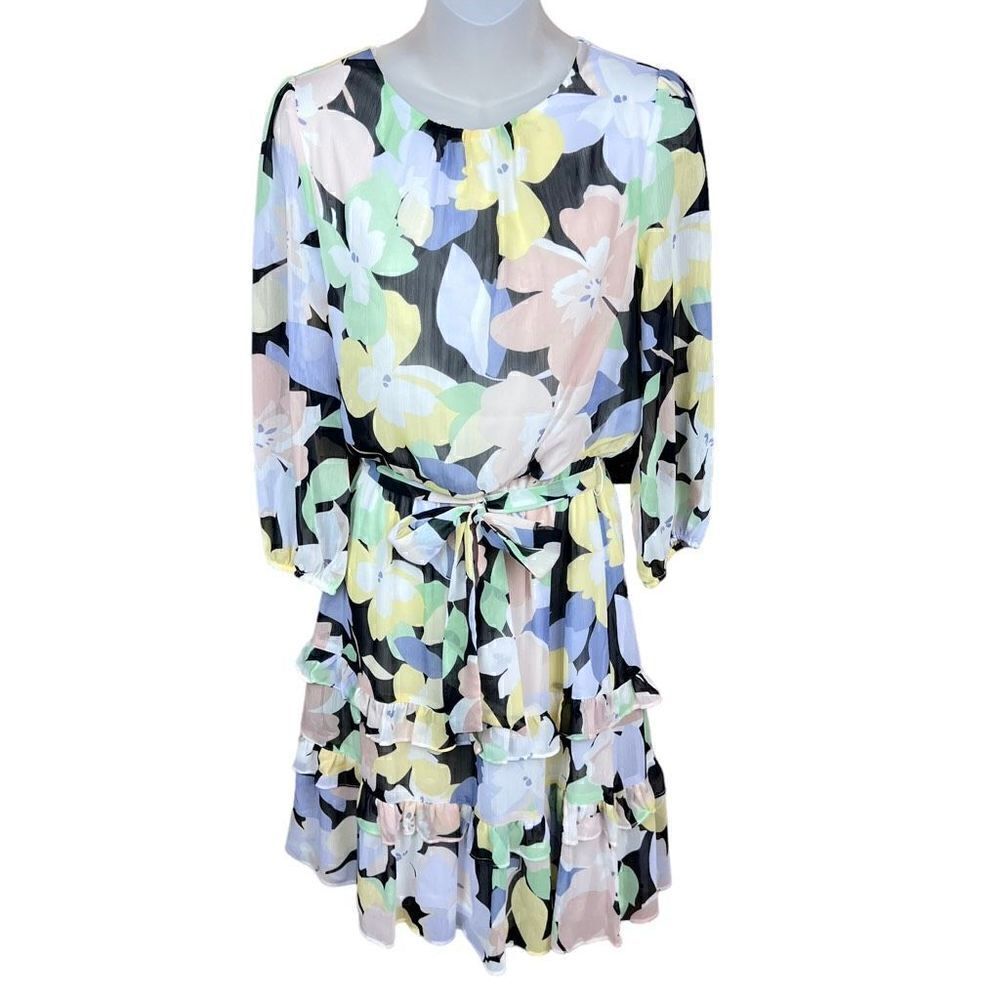 Calvin Klein Dress Blouson Waist Black White Purple Yellow Floral Tie Belt XS